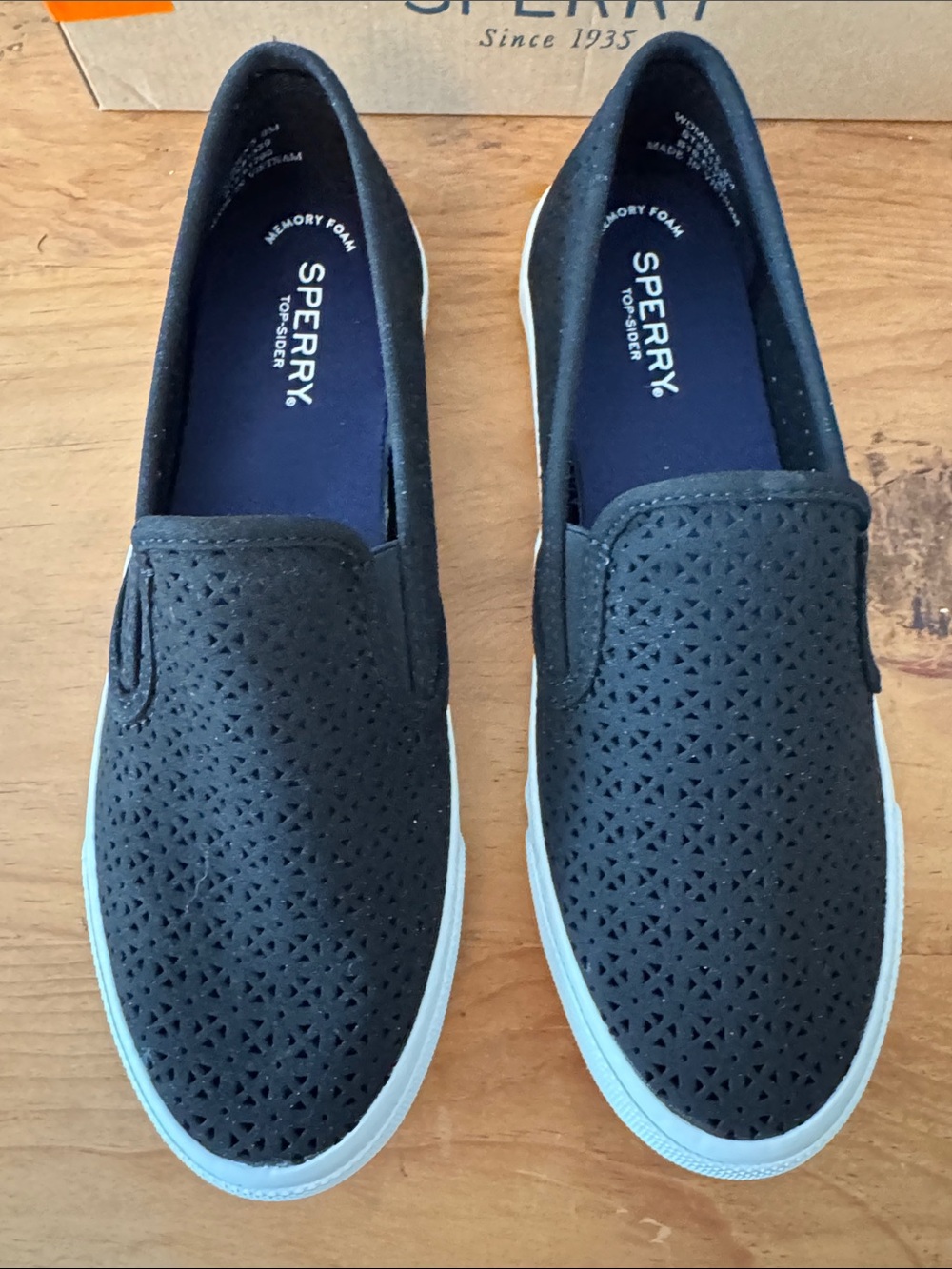 Sperry Black Perforated Slip-On Sneakers with White Sole___new in box. - Picture 4 of 7